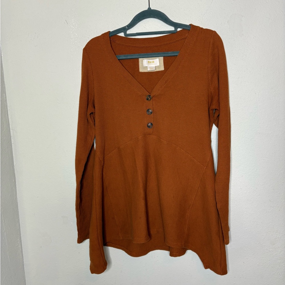 Maeve Anthropologie Rust Button-Front V-Neck Waffle Knit Tunic Small